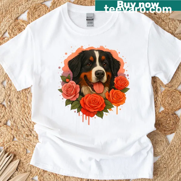 Watercolor Bernese Mountain Dog with roses on a premium t-shirt