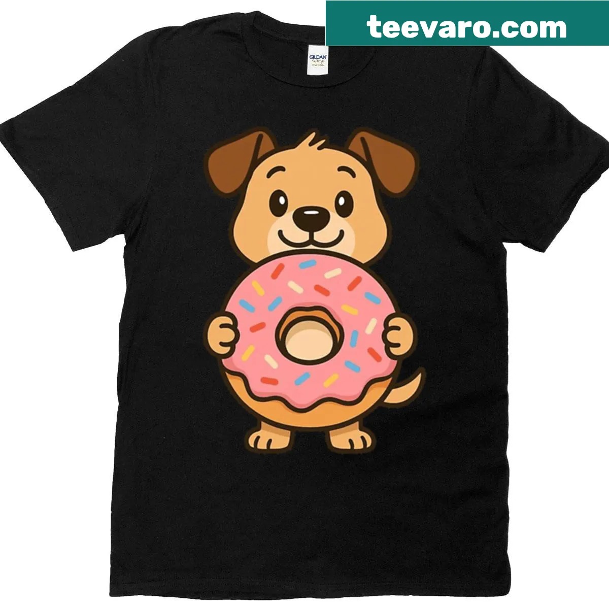 Oversized T-shirt with cartoon dog and giant donut graphic — on a men's t-shirt