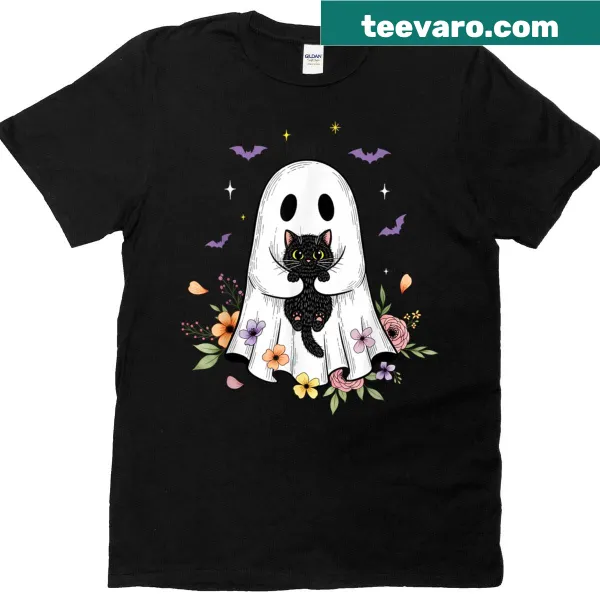 Cute cat ghost surrounded by flowers for Halloween T-shirt