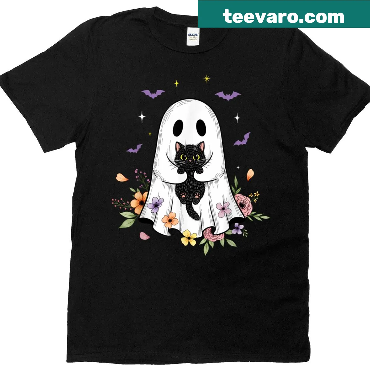 Cute cat ghost surrounded by flowers for Halloween T-shirt — on a men's t-shirt
