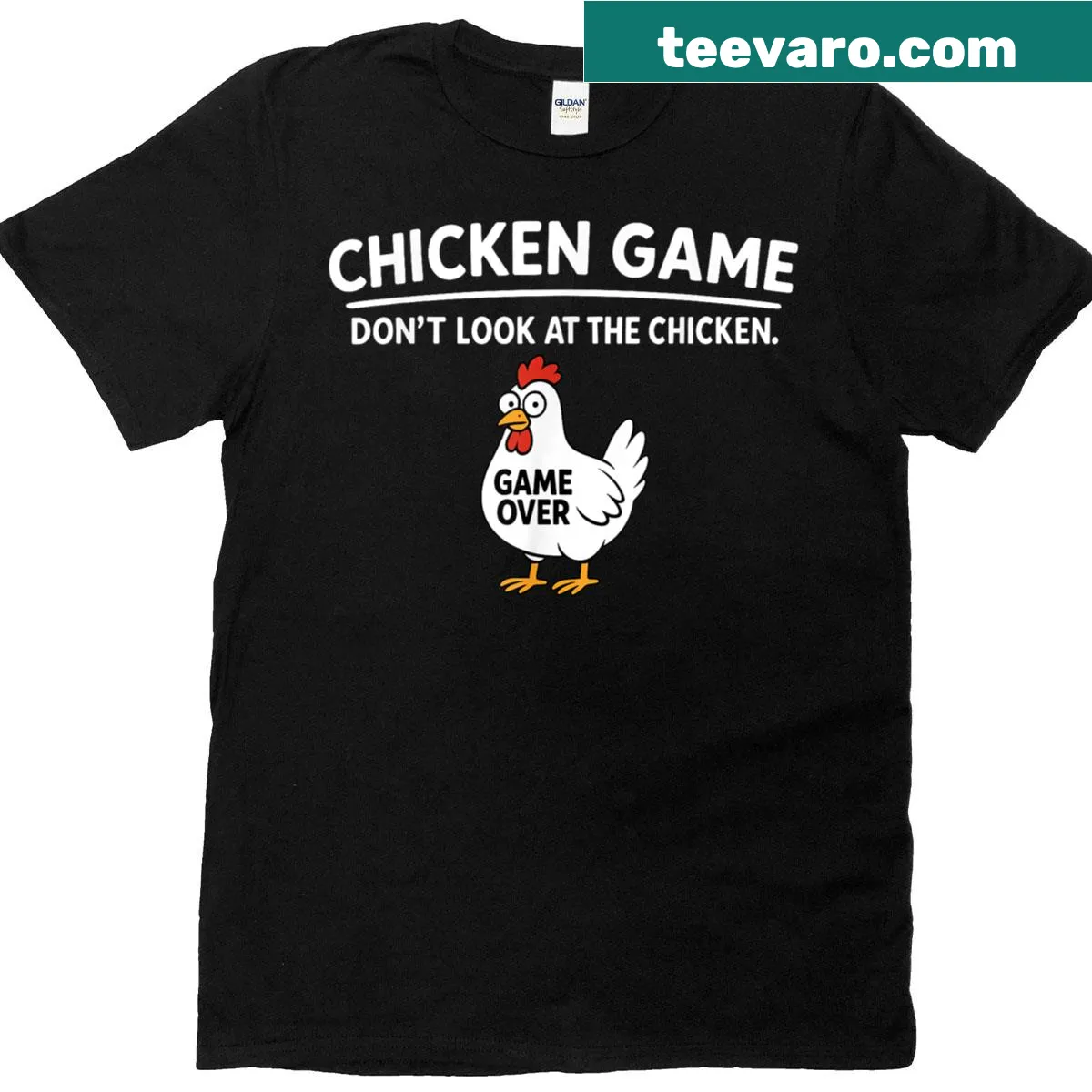 Funny chicken T-shirt with cartoon chicken and humorous text — on a men's t-shirt