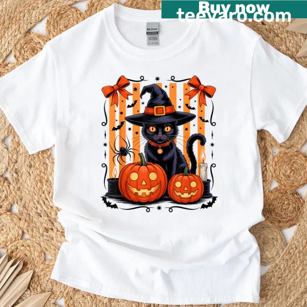 Cute Halloween t-shirt featuring a black cat with a witch hat and pumpkin design.