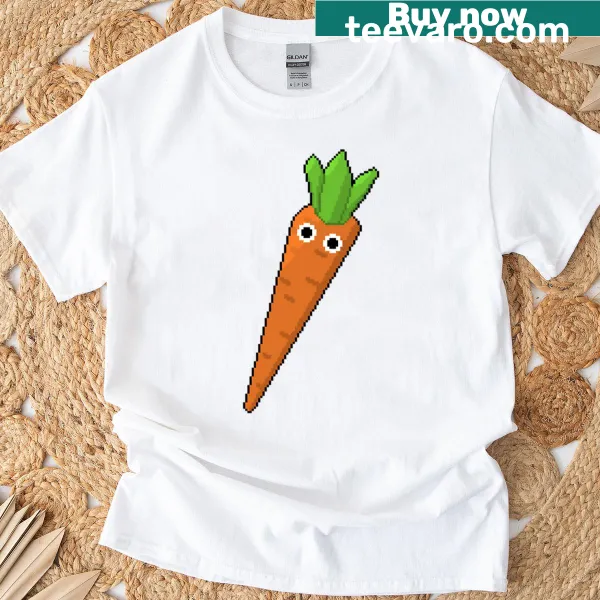 Kawaii pixel art carrot t-shirt featuring a cute smiling carrot design.