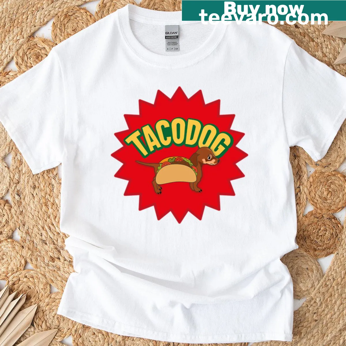 Dachshund in a taco graphic t-shirt — on a men's t-shirt