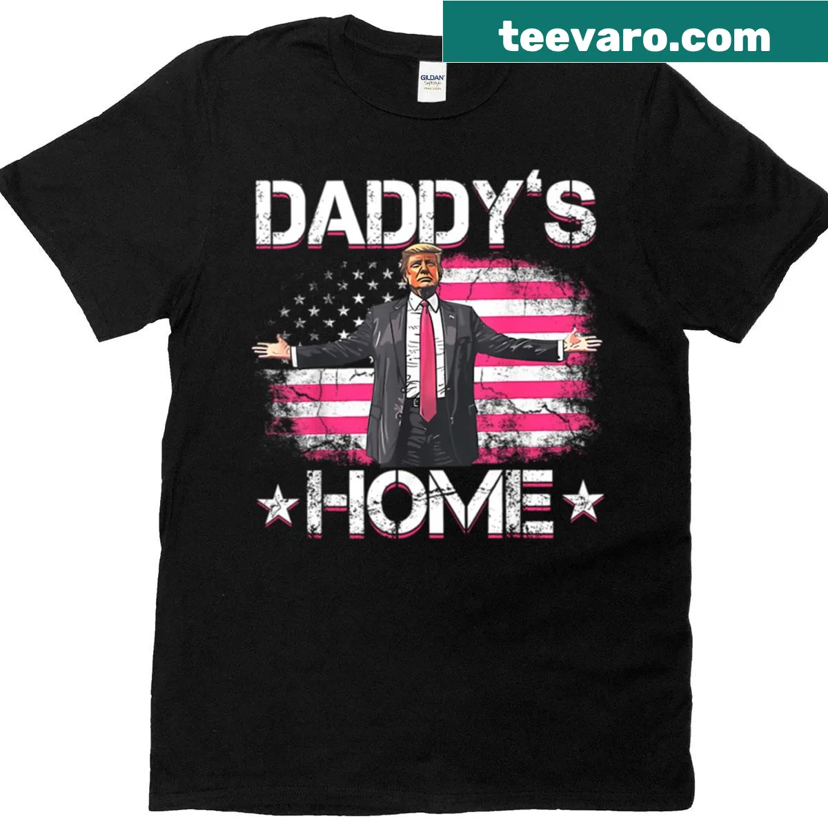Funny T-shirt with Daddy's Home Trump 2024 phrase — on a men's t-shirt