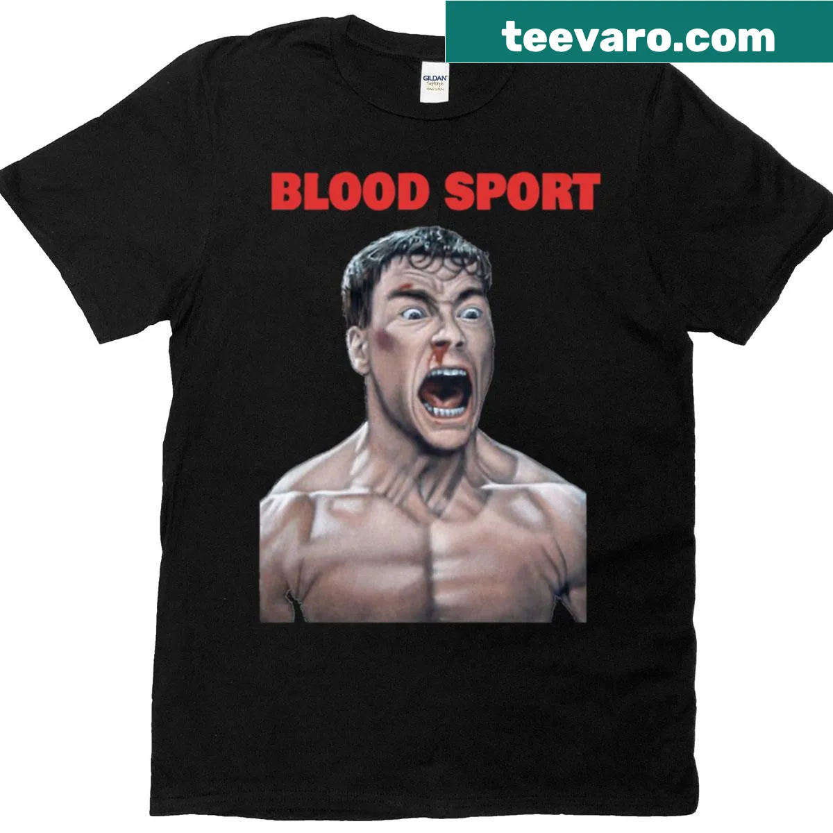 Bold Halloween-themed T-shirt with bloodsport text design — on a men's t-shirt