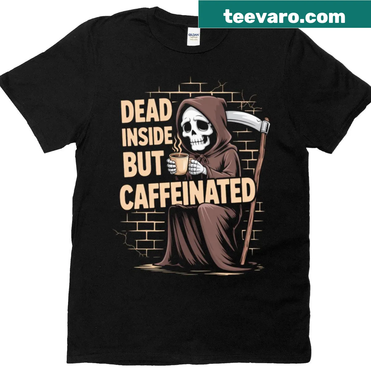 Humorous T-shirt with grim reaper and coffee theme graphic — on a men's t-shirt