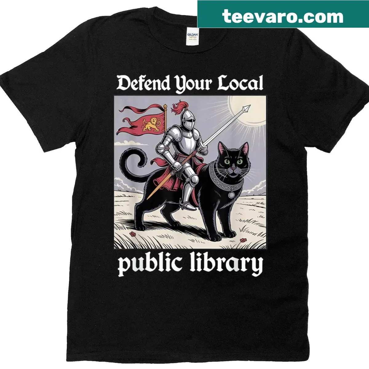 Cartoon knight cat design defending a library — on a men's t-shirt