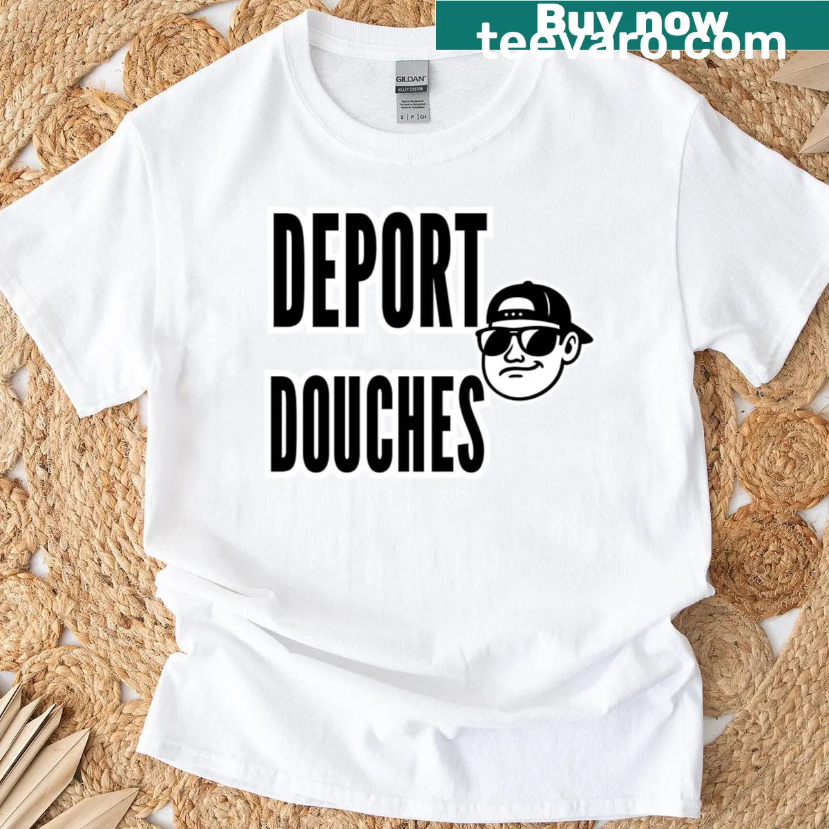 Satirical Deport Douches protest graphic T-shirt — on a men's t-shirt