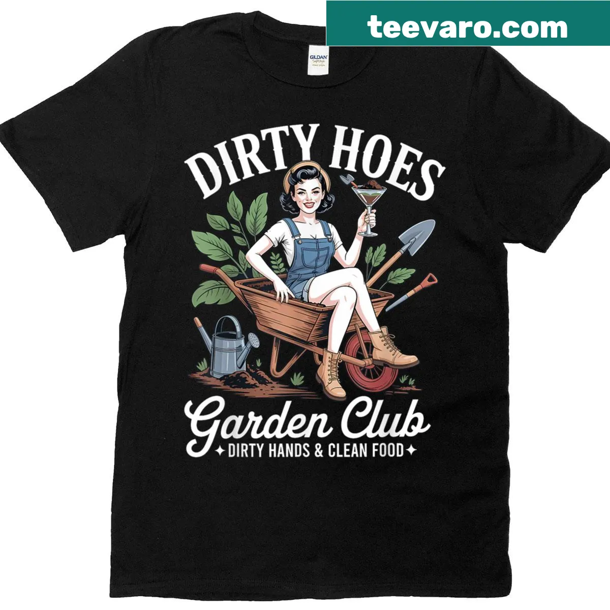 Whimsical garden-themed t-shirt with humorous text — on a men's t-shirt