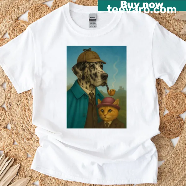 Cartoon T-shirt depicting a dog and cat as detectives