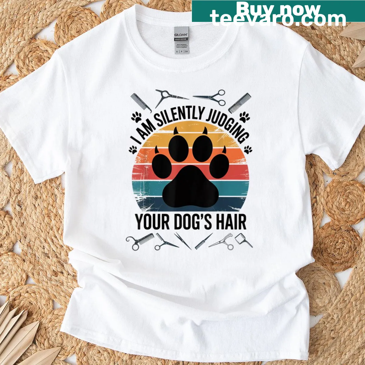 Funny dog grooming T-shirt with humorous text about judging dog hair. — on a men's t-shirt