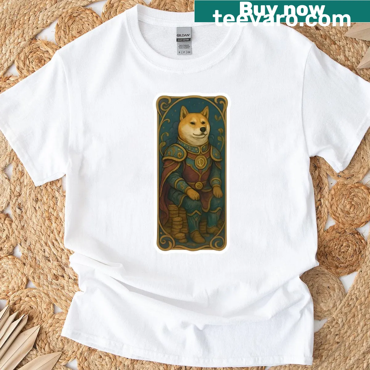 Illustration of a Doge knight in golden armor — on a men's t-shirt