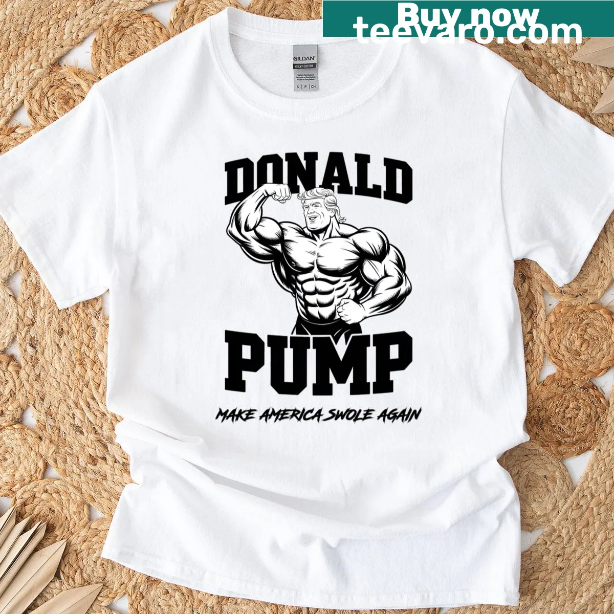 Fitness-themed t-shirt with humorous slogan about making America swole — on a men's t-shirt