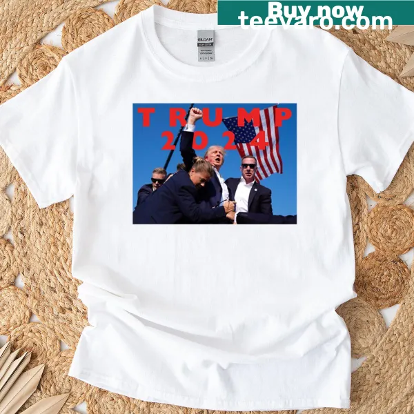 T-shirt featuring bold graphics supporting Trump for 2024.