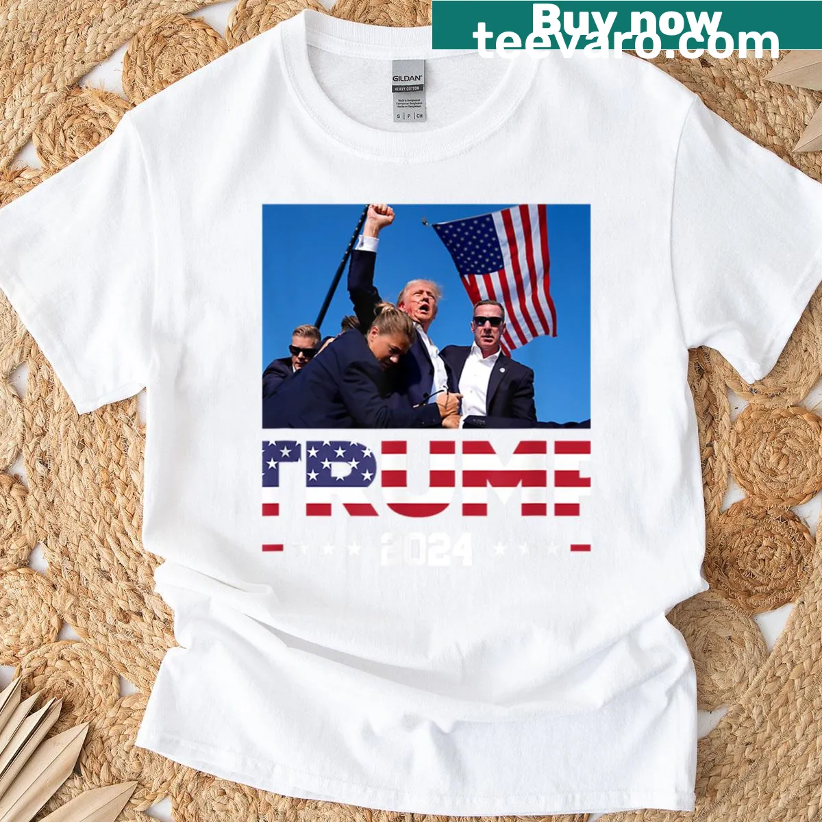 Donald Trump 2024 T-shirt with bold phrase and graphics — on a men's t-shirt