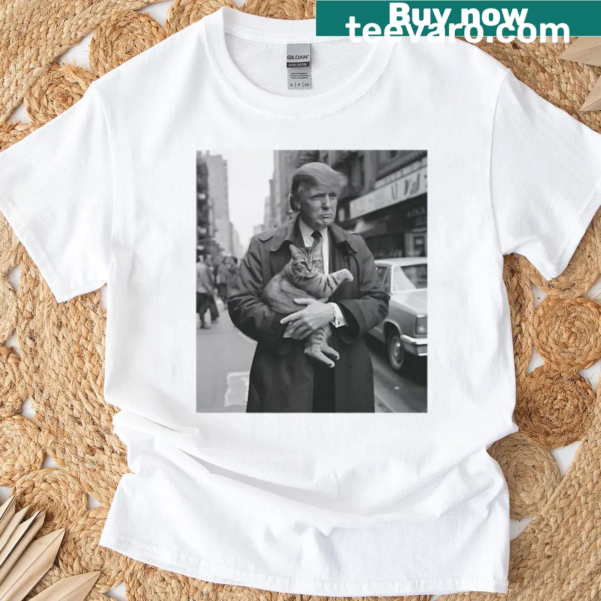 T-shirt with an illustration of Trump and a cat in NYC. — on a men's t-shirt
