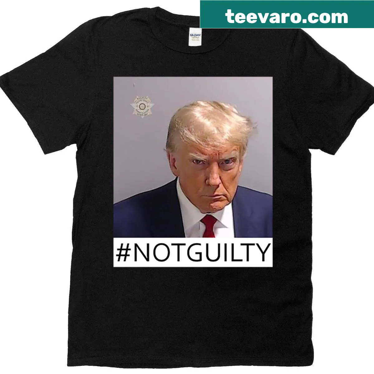 Illustration of a mugshot with 'Not Guilty' text — on a men's t-shirt