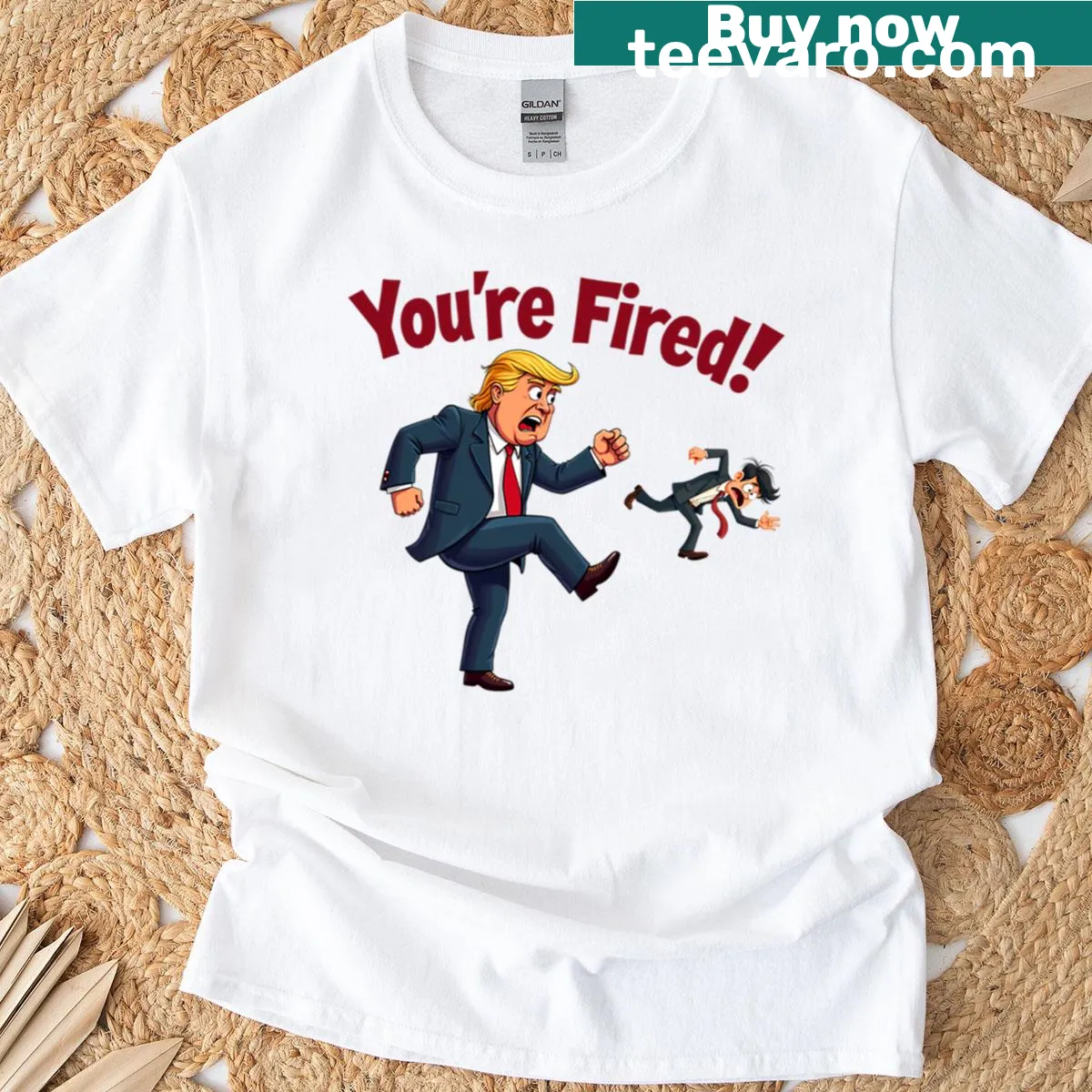 Bold 'You’re Fired' typography on Donald Trump themed t-shirt — on a men's t-shirt