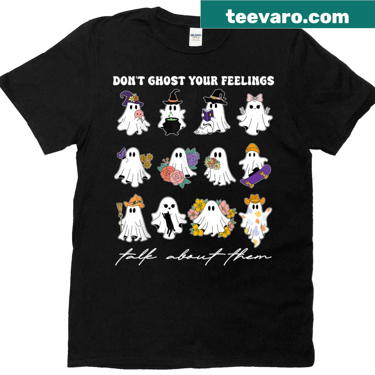 Halloween mental health shirt with the phrase Don't Ghost Your Feelings — on a men's t-shirt