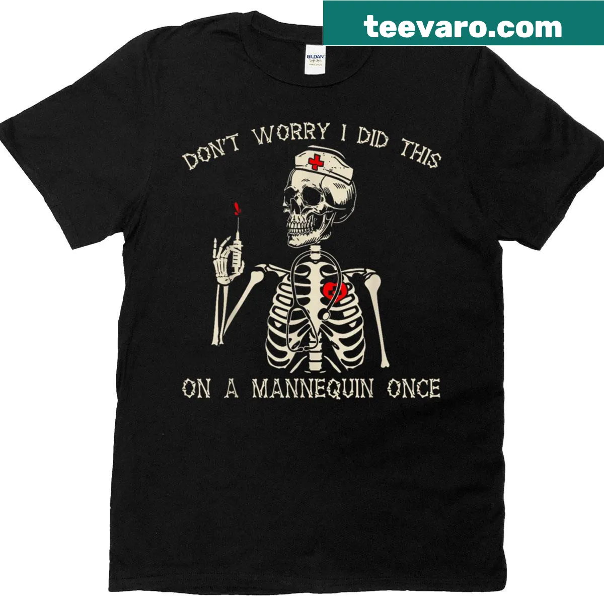 Funny nurse skeleton t-shirt with humor about mannequins. — on a men's t-shirt