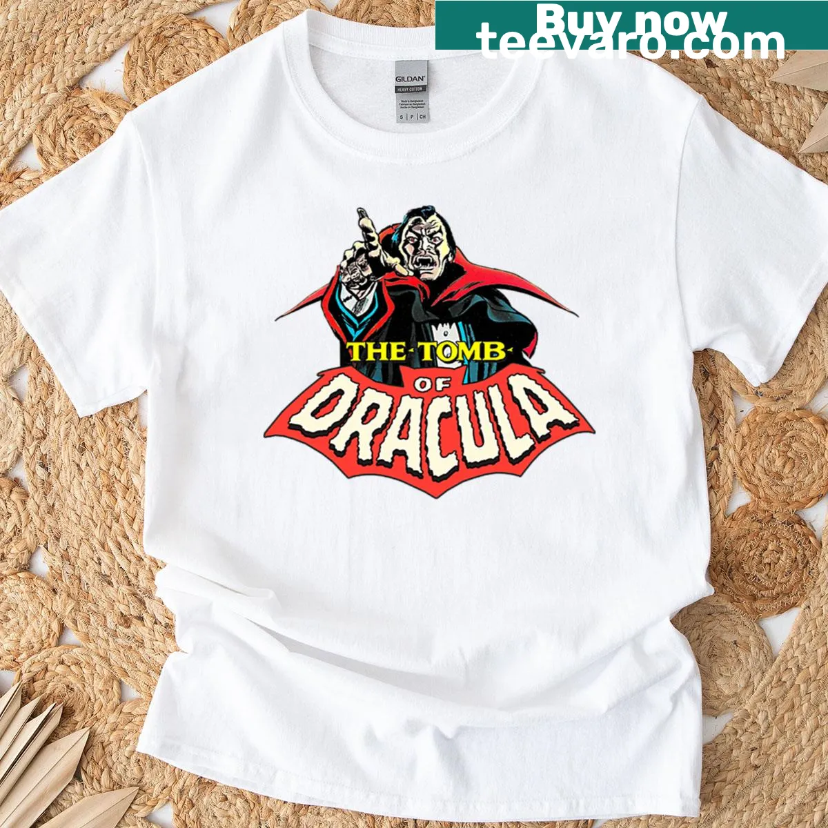 Illustrative Dracula graphic t-shirt featuring the Lord of Vampires — on a men's t-shirt