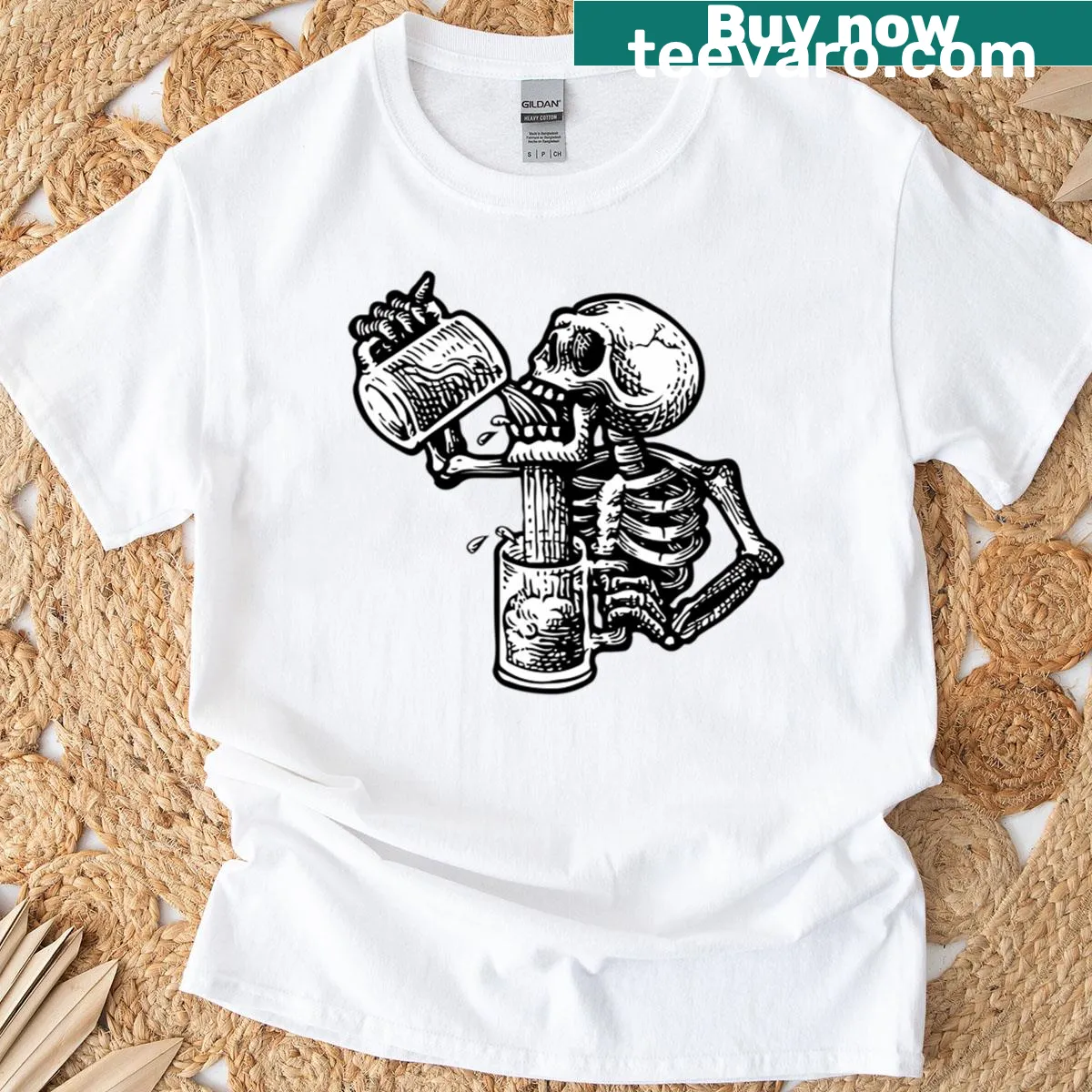 Cartoon skull T-shirt with festive elements suggesting drunkenness — on a men's t-shirt