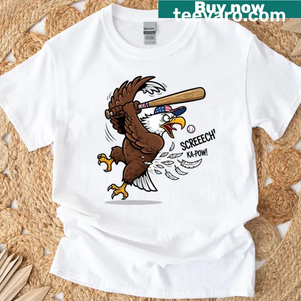 Cartoon bald eagle humorously swinging a baseball bat