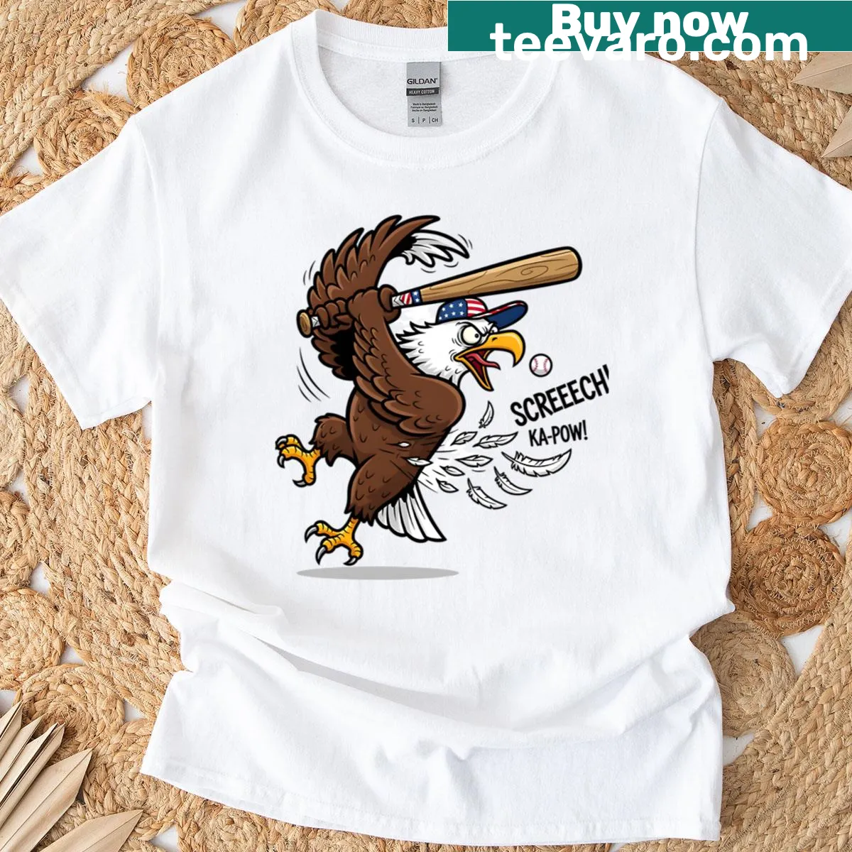 Cartoon bald eagle humorously swinging a baseball bat — on a men's t-shirt