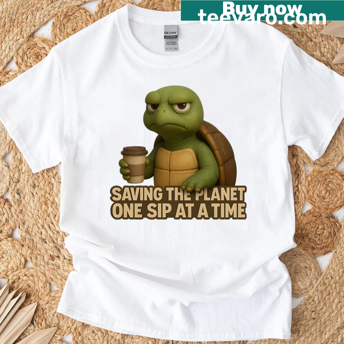 3D realistic turtle design saving the planet on an oversized t-shirt — on a men's t-shirt
