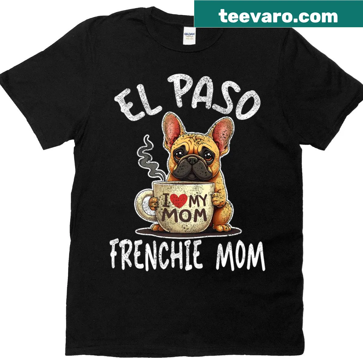 Cartoon design featuring a French Bulldog and coffee elements — on a men's t-shirt