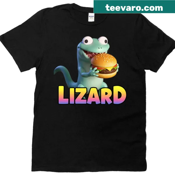 T-shirt featuring lizard meme with a burger design