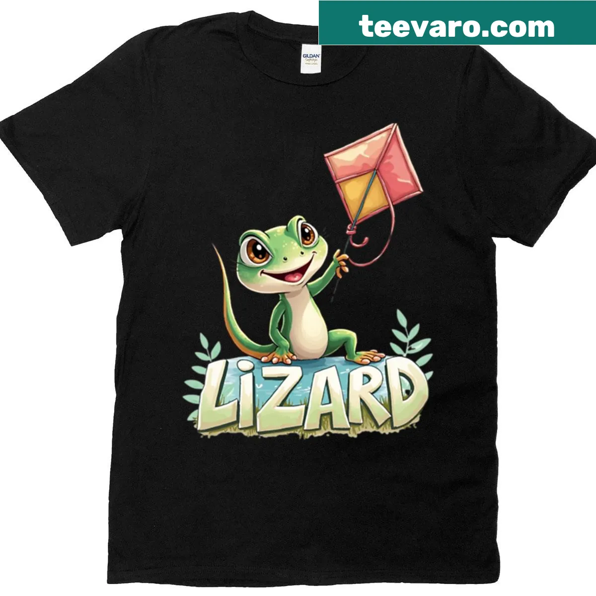Boxy T-shirt featuring Elio lizard meme flying a kite in a fun illustration — on a men's t-shirt