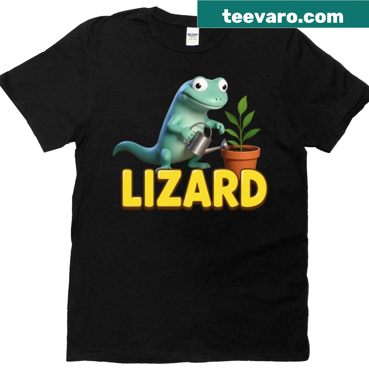 T-shirt with an illustration of a lizard watering a plant — on a men's t-shirt