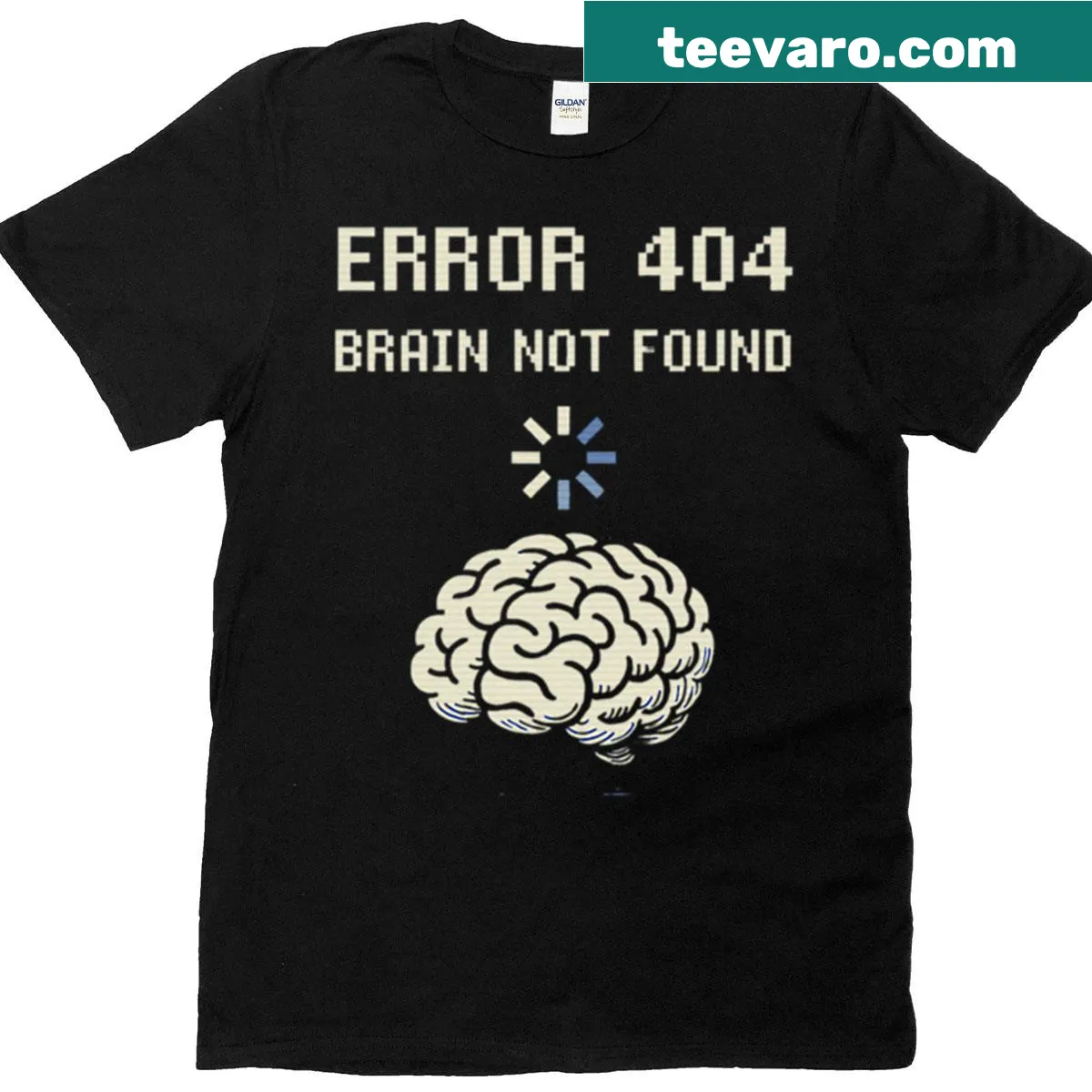 Retro tech humor T-shirt with 'Error 404 Brain Not Found' text — on a men's t-shirt