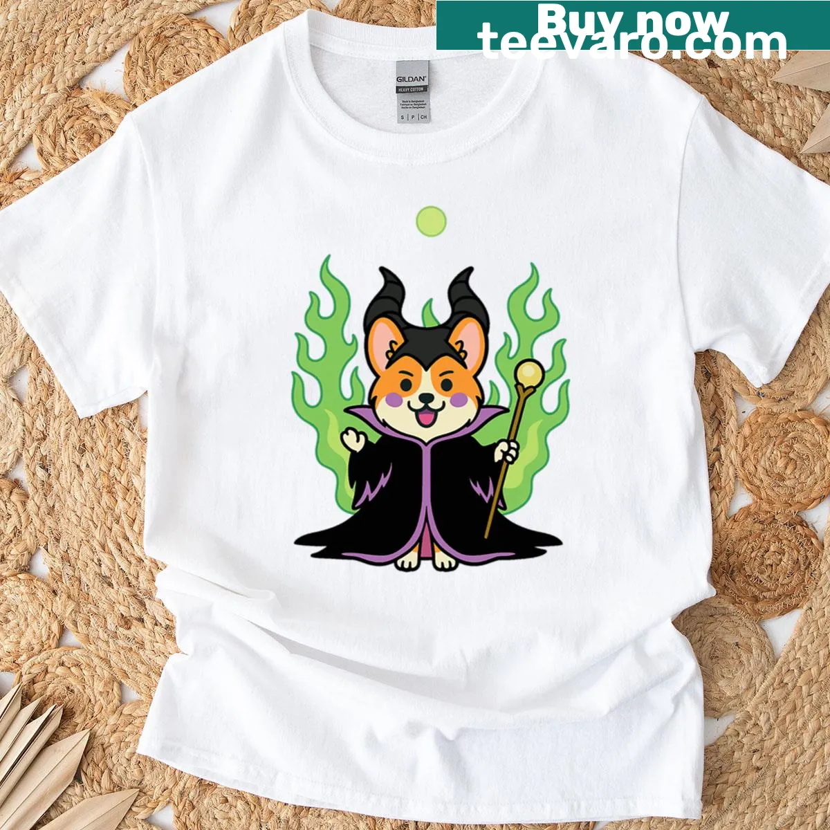 Funny T-shirt featuring an evil queen corgi design — on a men's t-shirt