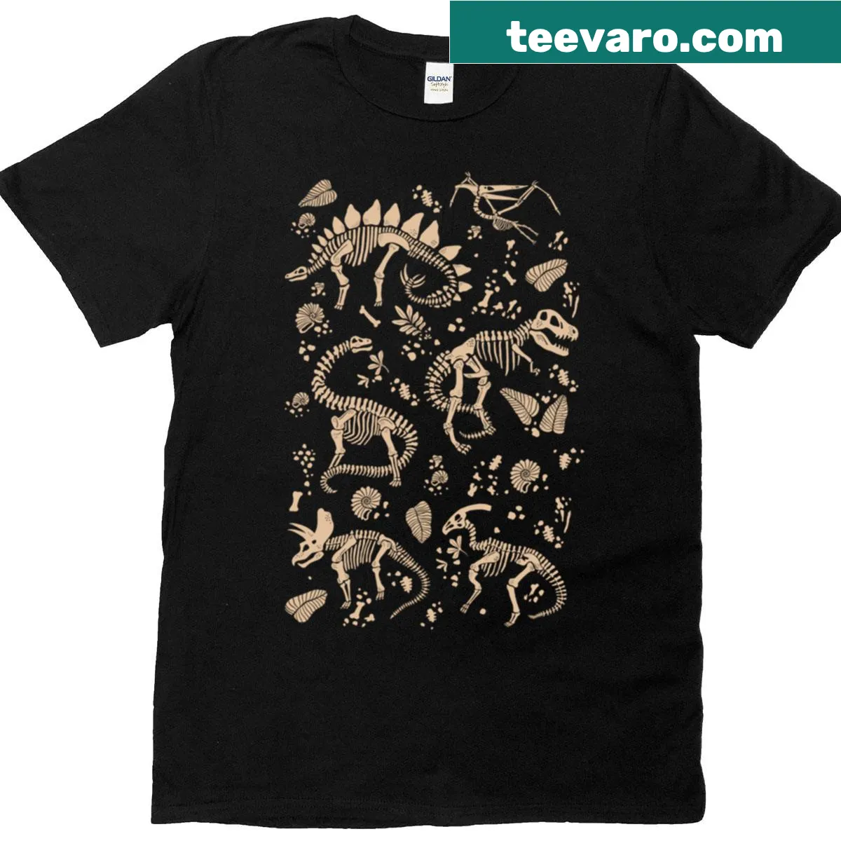 Taupe shirt featuring an illustration of excavated dinosaur fossils — on a men's t-shirt