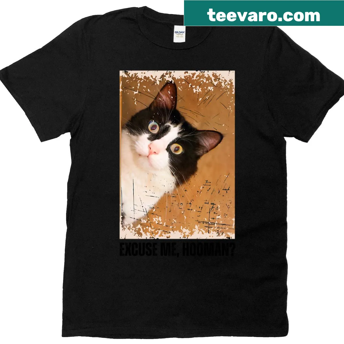 Vintage Excuse Me Hooman cat T-shirt with quirky illustrations — on a men's t-shirt