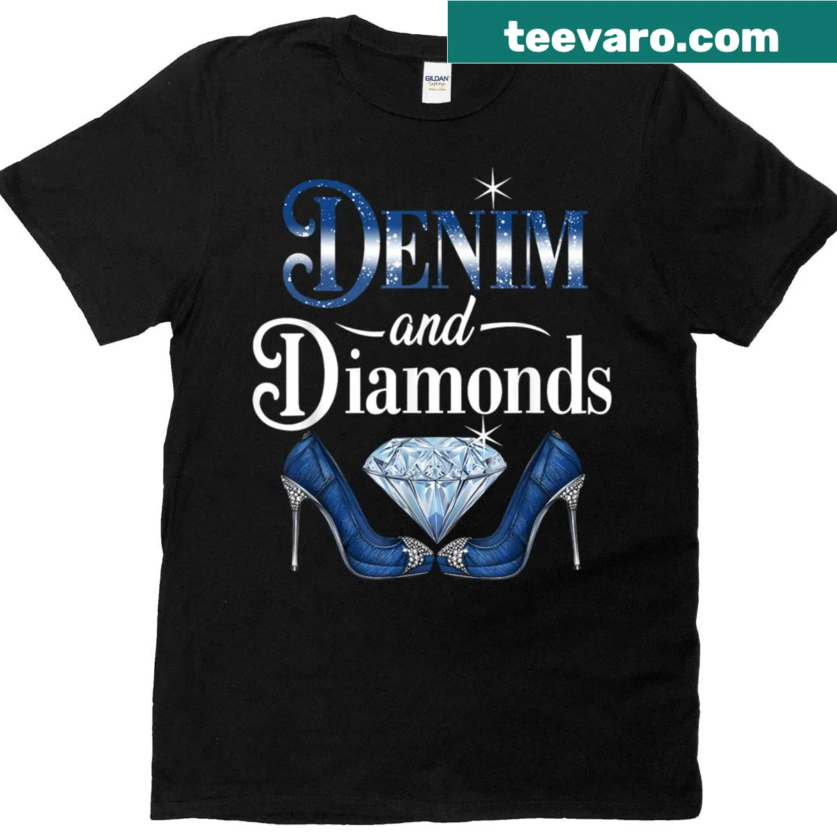 Vintage-style t-shirt with design featuring denim, diamonds, and high heels — on a men's t-shirt
