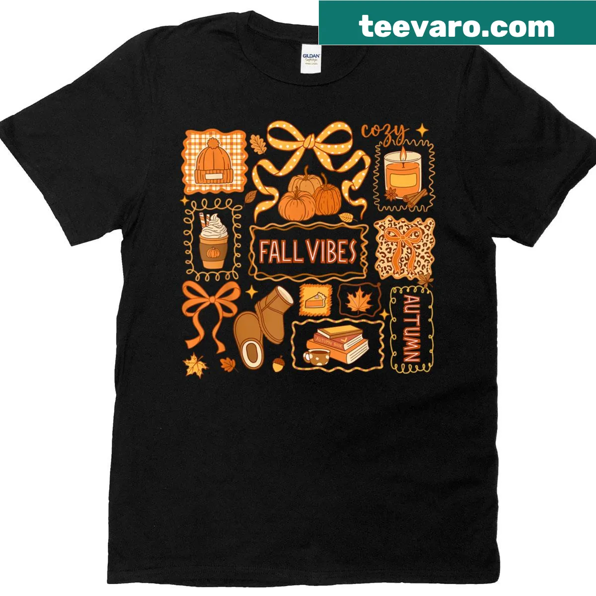 Whimsical autumn t-shirt featuring a pumpkin and 'Fall Vibes' text — on a men's t-shirt