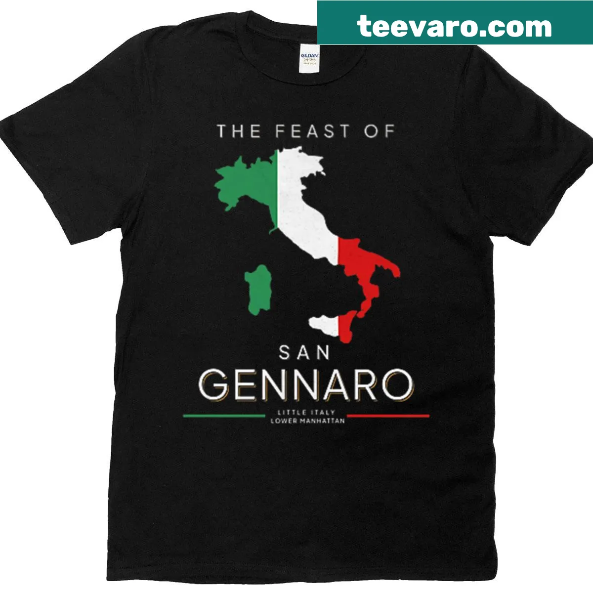 T-shirt featuring design inspired by Feast of San Gennaro and Little Italy. — on a men's t-shirt