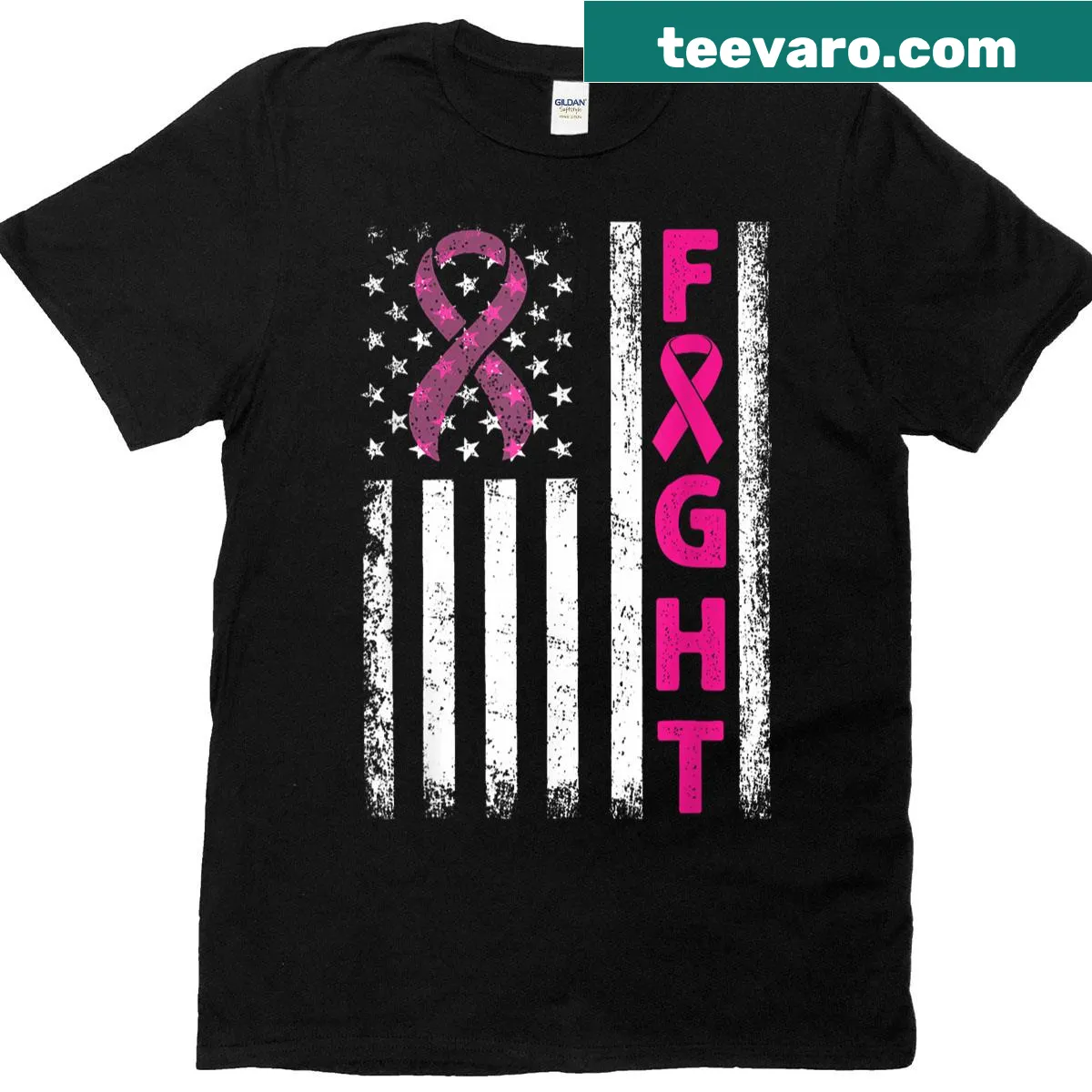 T-shirt with American flag design supporting breast cancer awareness — on a men's t-shirt