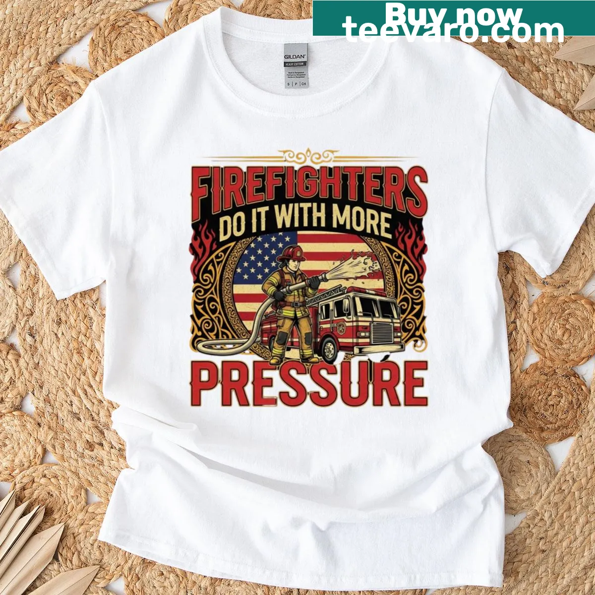 Funny firefighter T-shirt with humorous text — on a men's t-shirt