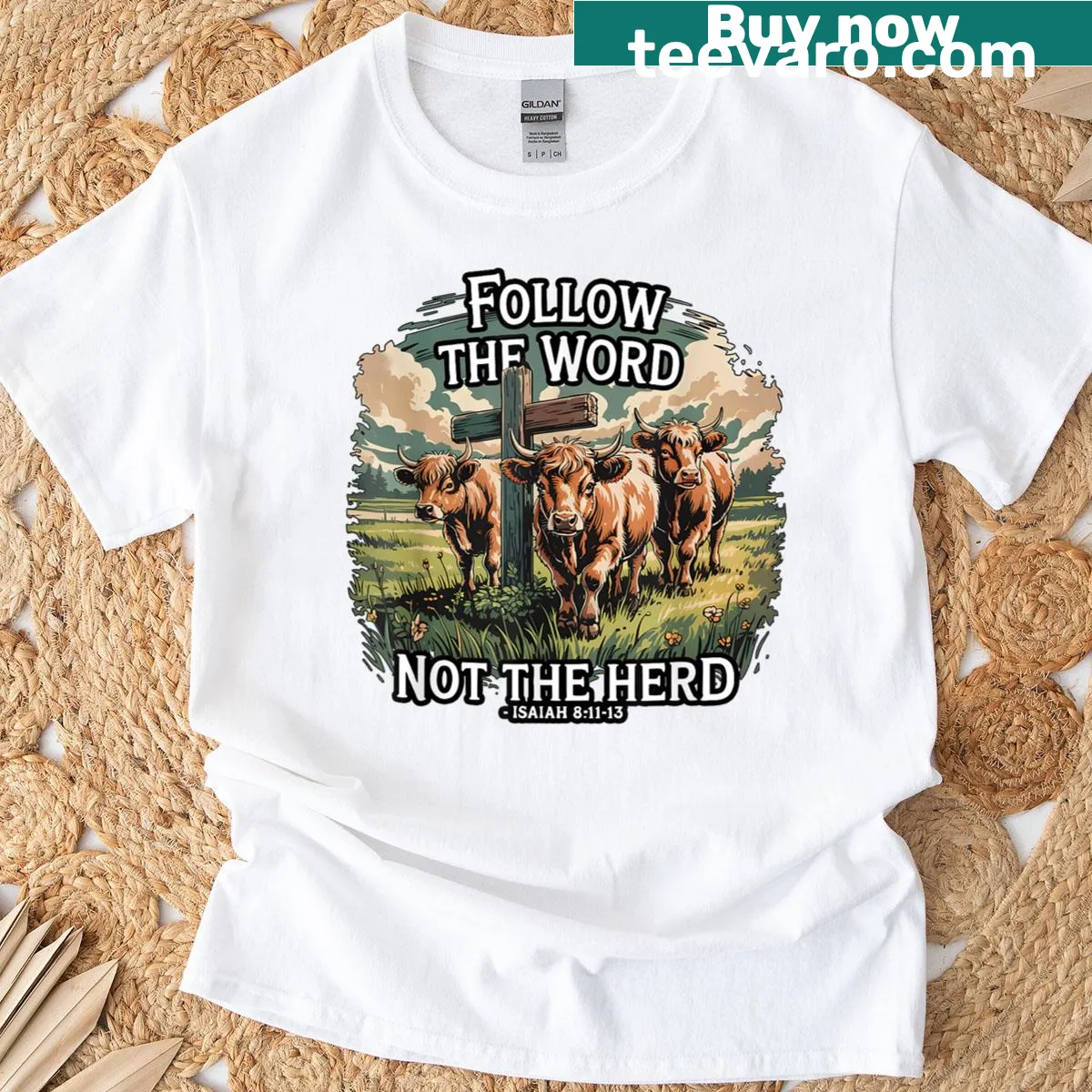 Vintage-style t-shirt with Highland cow and inspirational message — on a men's t-shirt