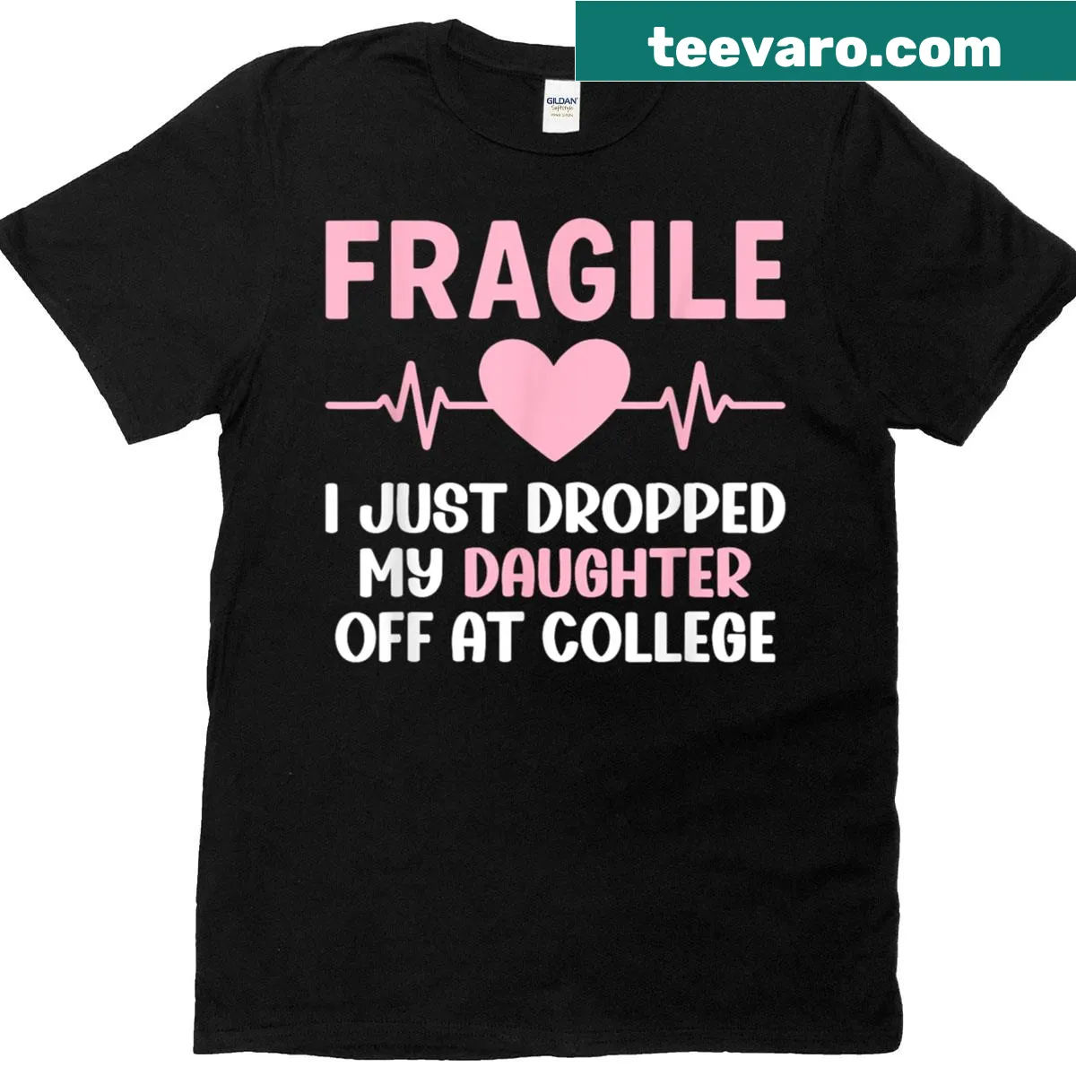 Text design expressing parental sentiment about college transition. — on a men's t-shirt
