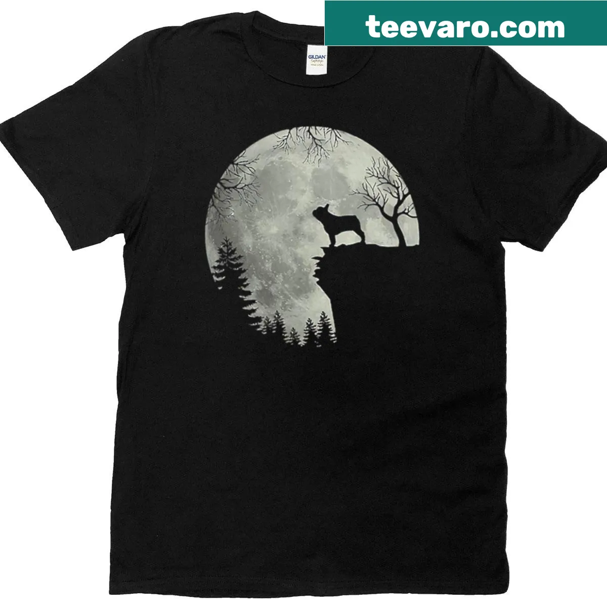 Cartoon French Bulldog in costume under the moon for Halloween. — on a men's t-shirt