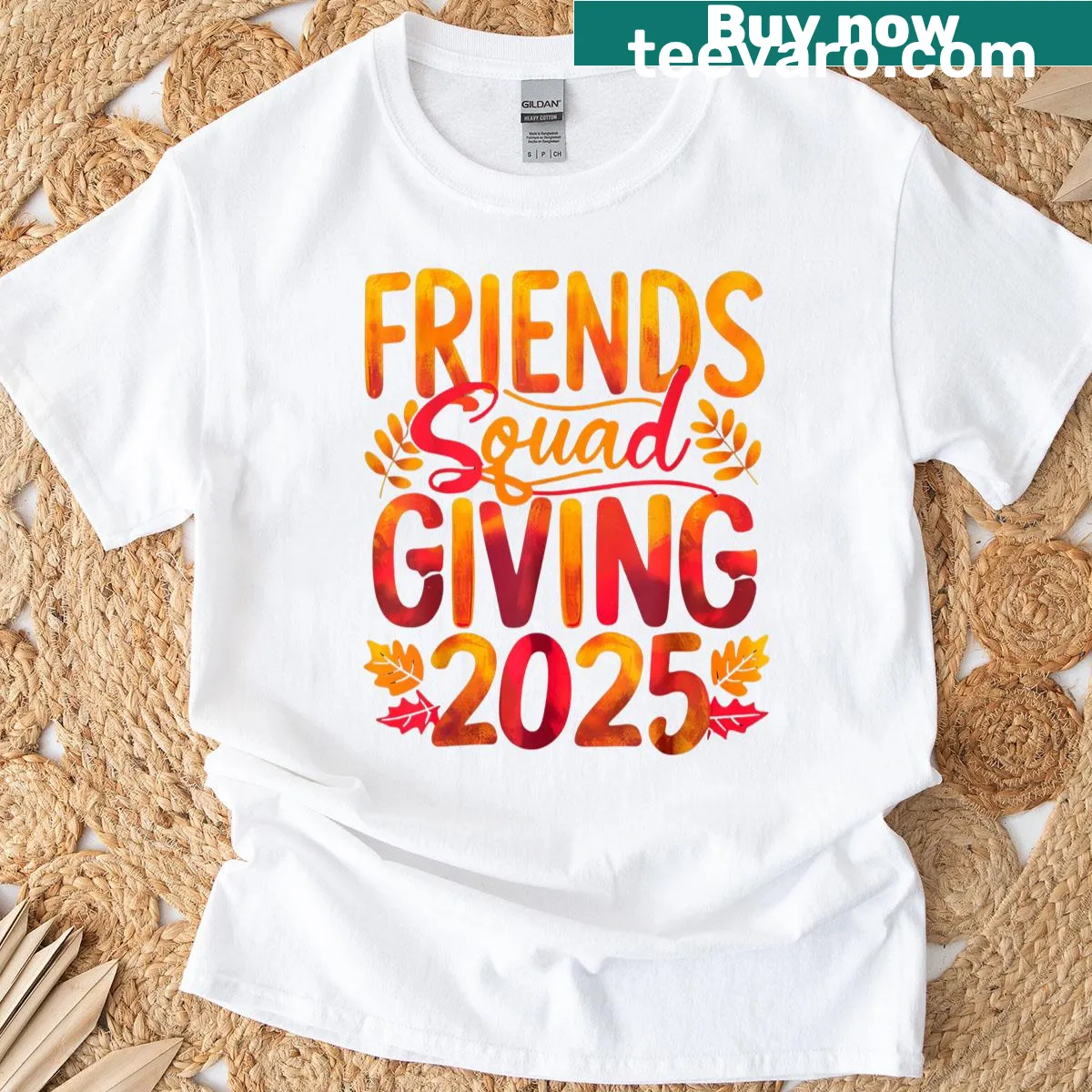 Friendsgiving themed autumn t-shirt with festive illustrations — on a men's t-shirt