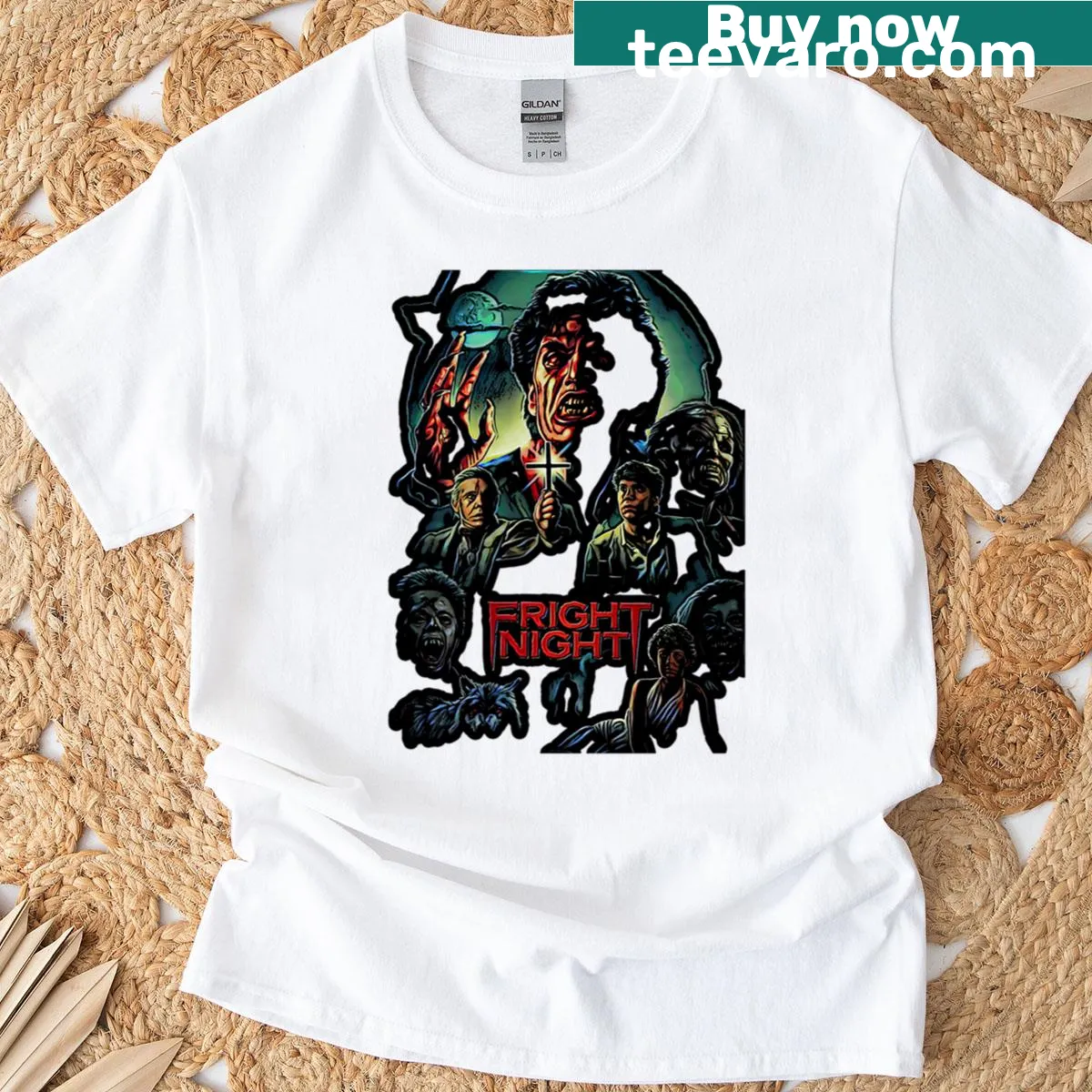 Bold Halloween-themed Fright Night text design on a casual T-shirt — on a men's t-shirt
