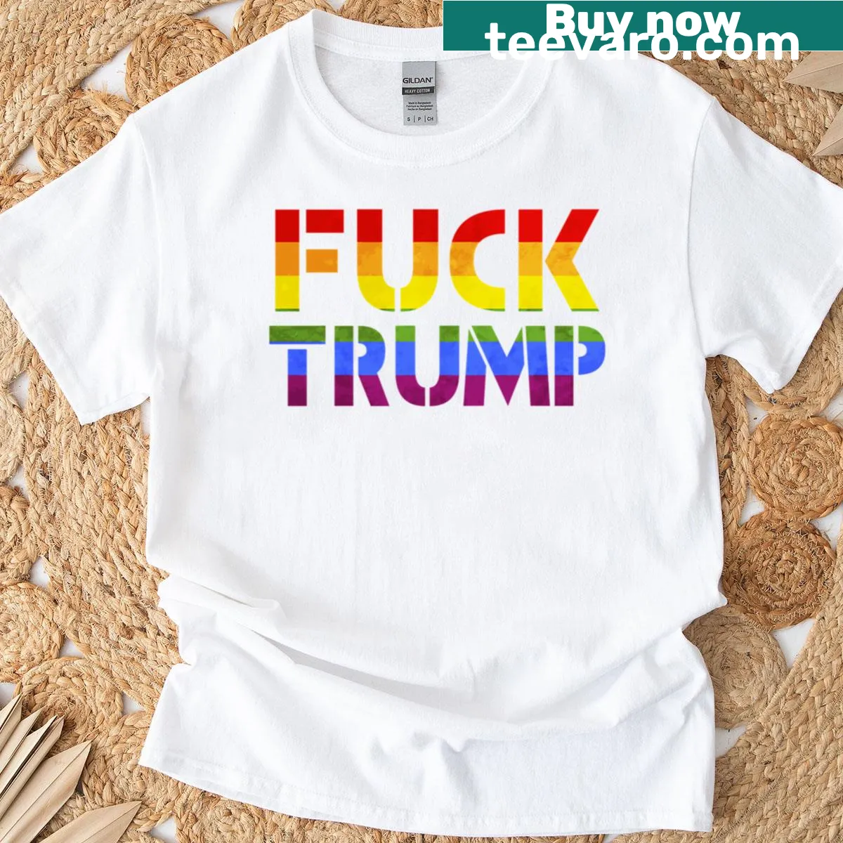 Rainbow flag design with 'Fuck Trump' text for equality activism — on a men's t-shirt