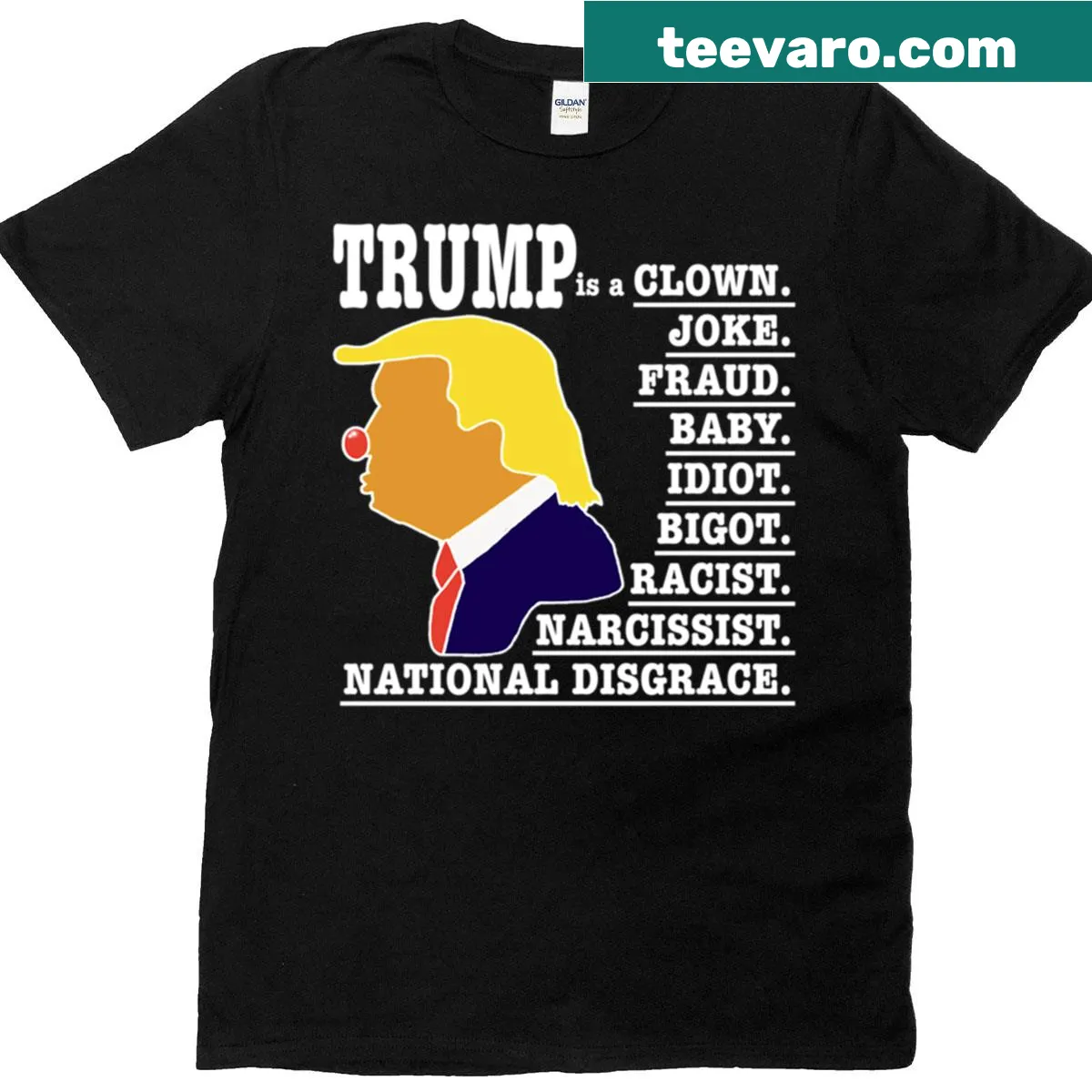 Illustrative clown graphic T-shirt with political humor — on a men's t-shirt